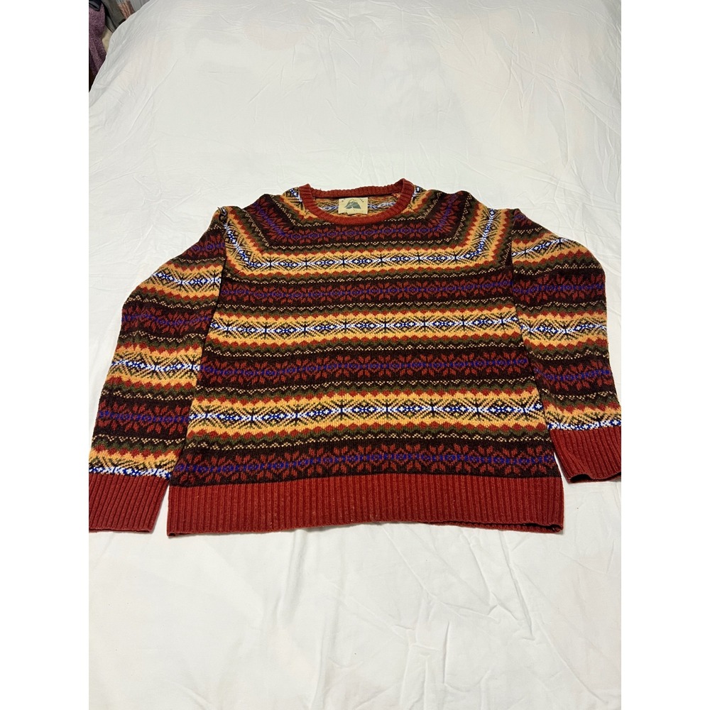 O'Hanlon Mills Mens L Fair Isle Lambswool Blend Crewneck Sweater Rust Earth Tone